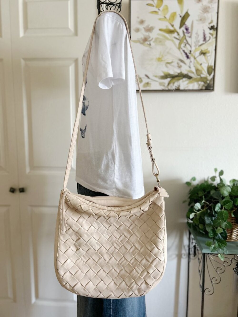 HOBO International Cream Woven Leather Shoulder Bag